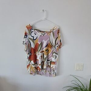 Rachel Zoe Vibrant Floral 100% Linen Plus Sized Women Short Sleeve Tee